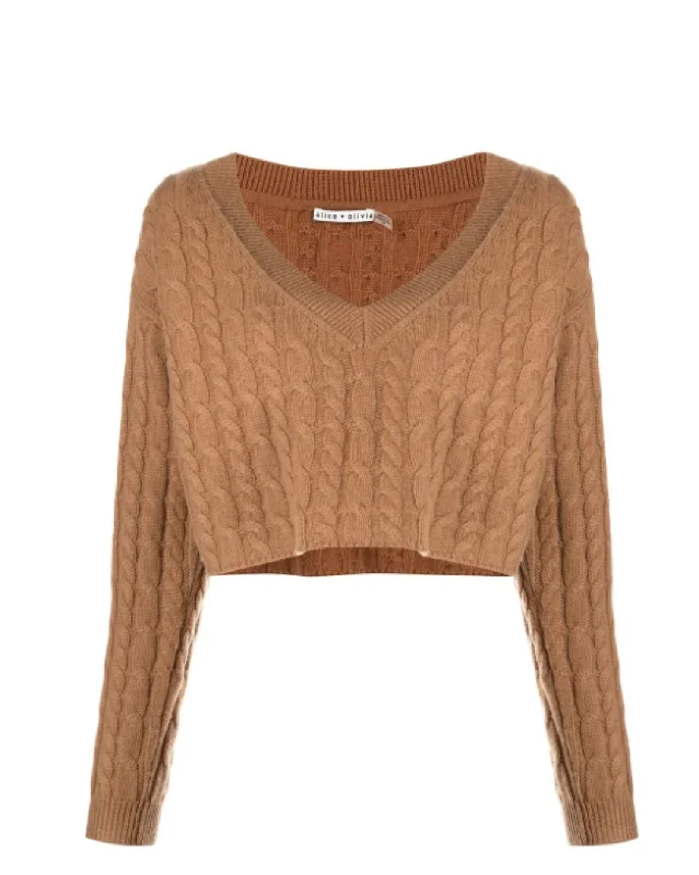 Boat Neck Knit TopsAyden V-Neck Cable Knit Pullover Cropped Top Sweater in Camel