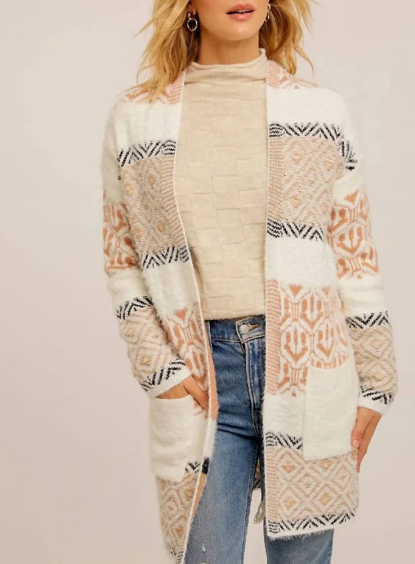 Fall Knit TopsAztec Print Open Cardigan In White/taupe/black