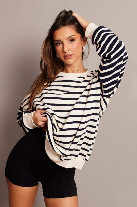 Acrylic Knit TopsBeige Stripe Sweater Long Sleeve