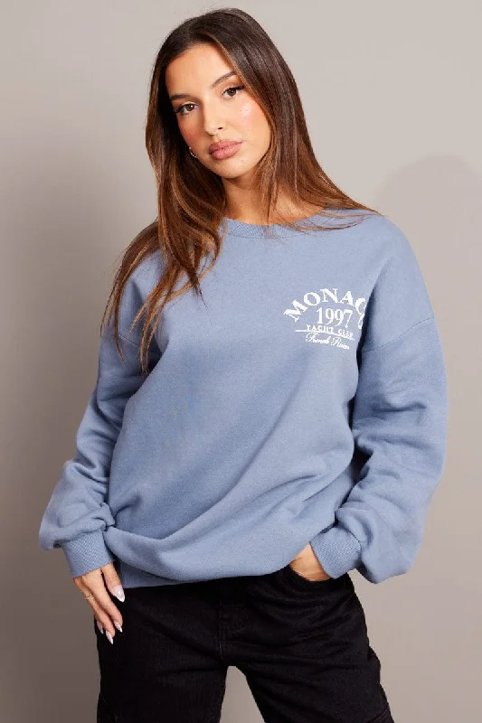 Hiking Knit TopsBlue Graphic Sweater Long Sleeve