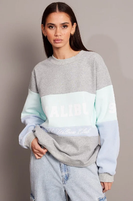 Sequined Knit TopsBlue Graphic Sweater Long Sleeve