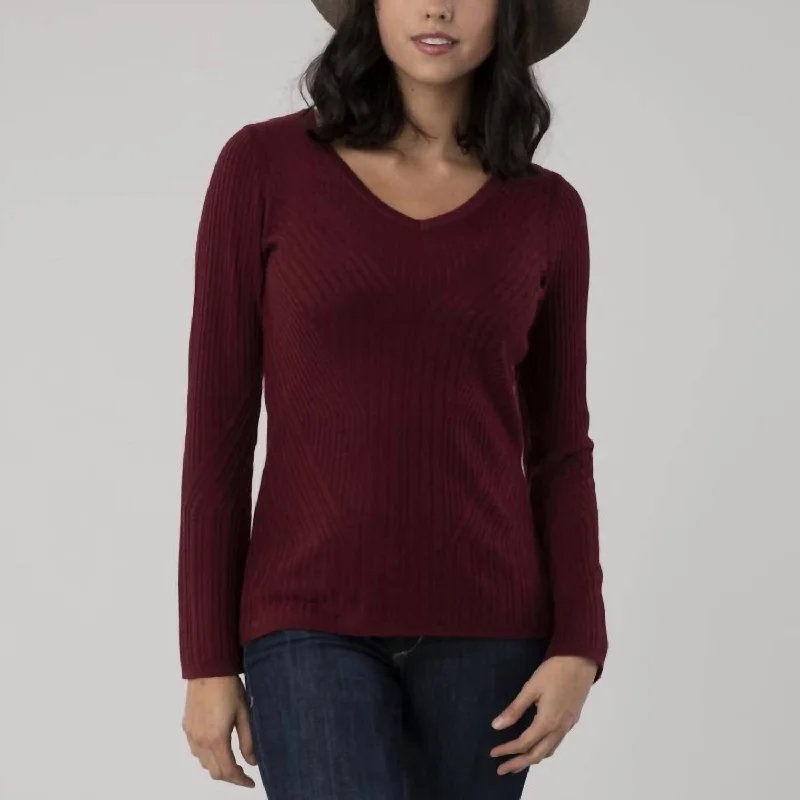 Fringed Knit TopsCoco V-Neck Sweater in Damson