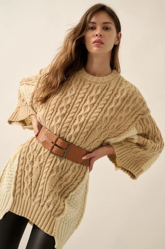 Casual Knit TopsColor Block Round Cable Neck Oversized Sweater