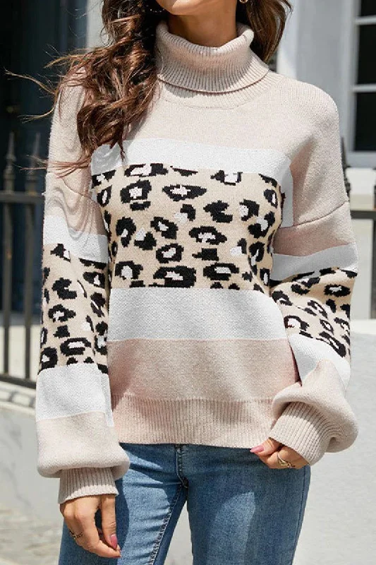 Punk Knit TopsHIGH COLLAR LEOPARD PATTERN CONTRAST SWEATER TOP