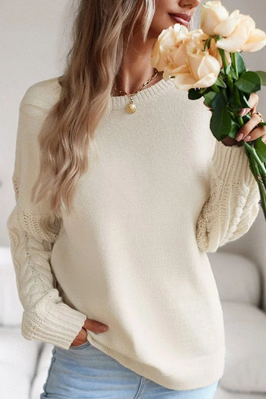 Branded Knit TopsWOMEN SOLID CABLE KNIT SLEEVE SWEATER