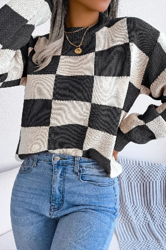 Graphic Knit TopsWOMEN PATCHWORK PATTERN LOOSE FIT KNITTED SWEATER