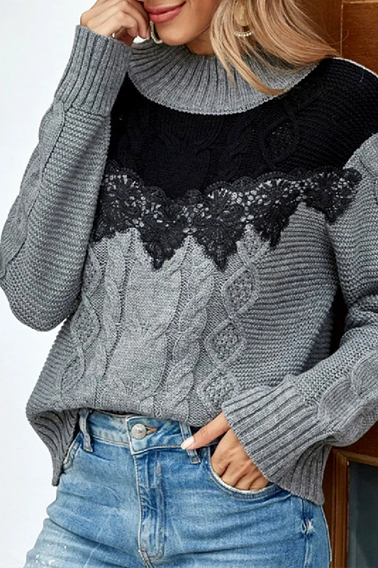 Festival Knit TopsWOMEN COLOR BLOCK LACE TRIM HIGH NECK SWEATER