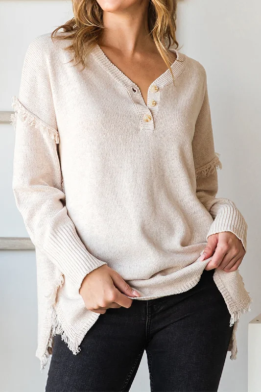 Winter Knit TopsFRINGE SHOULDER BUTTON DOWN SWEATER KNIT TOP