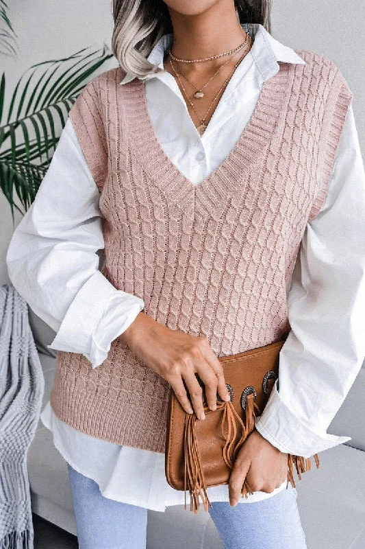 Cable Knit TopsWOMEN V NECK TWIST CASUAL LOOSE KNIT SWEATER VEST