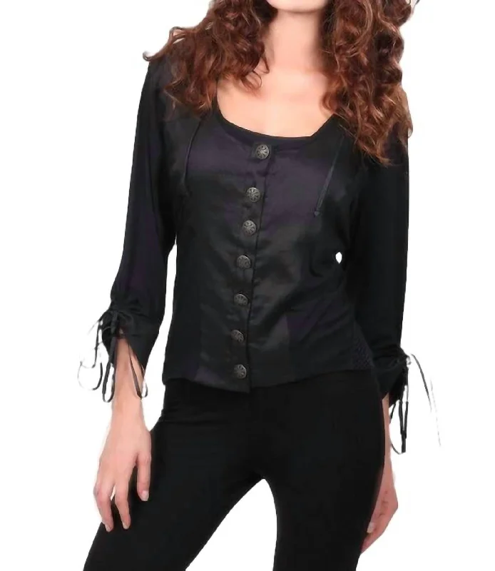 Velvet Knit TopsDrawstring-Slv Buttoned Top In Black