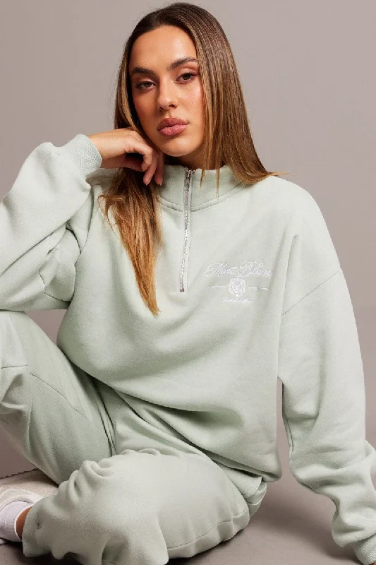 Urban Knit TopsGreen Zip Sweater Funnel Neck Oversized