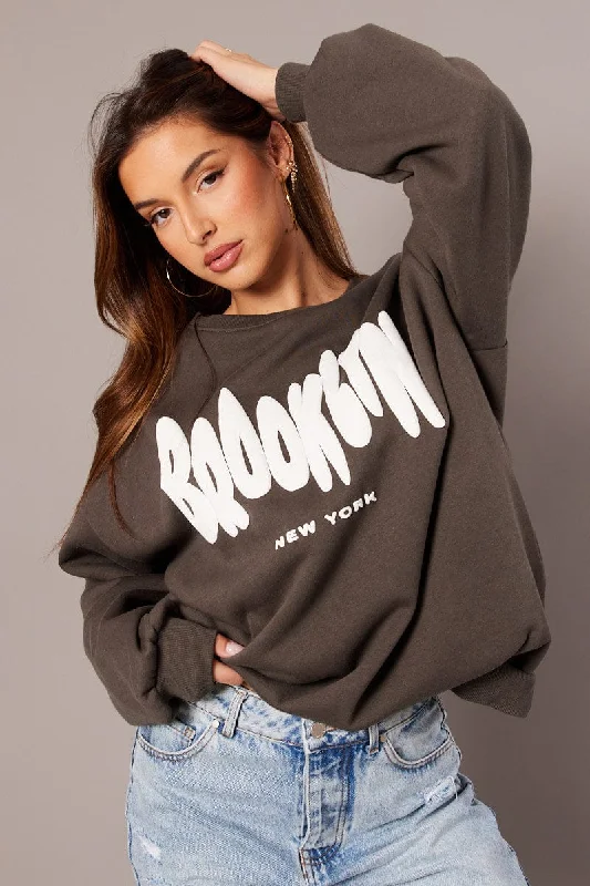 Logo Knit TopsGrey Graphic Sweater Long Sleeve