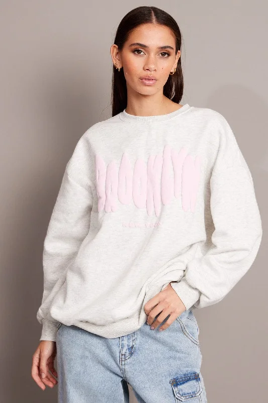 Studded Knit TopsGrey Graphic Sweater Long Sleeve