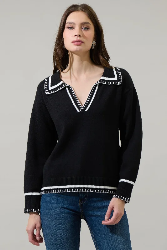 V-Neck Knit TopsHaines Contrast Collared Sweater