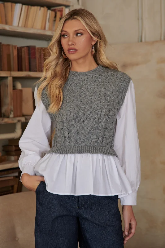 Pocketed Knit TopsJavelina Mix Media Cable Knit SweaterVest Long Sleeve Top