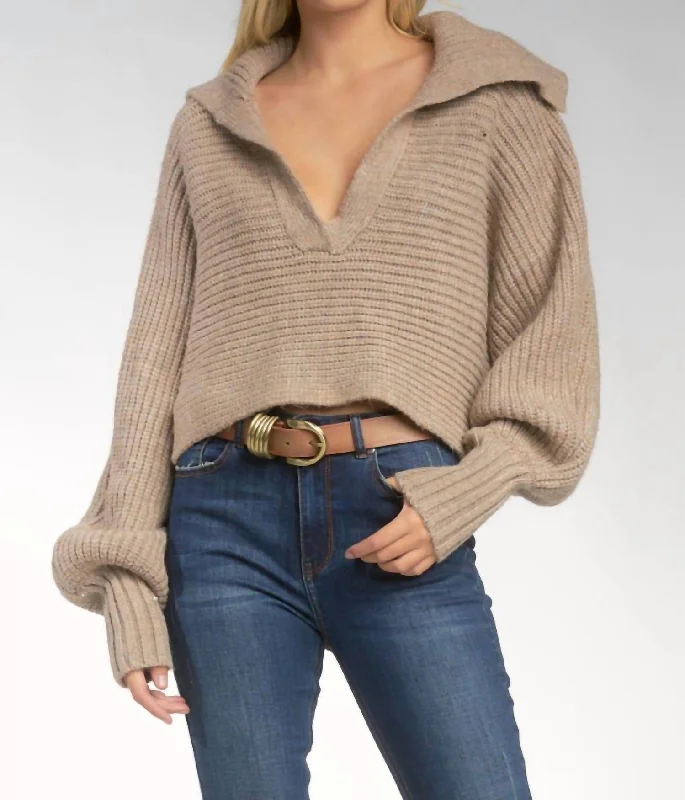 Ruffled Knit TopsOpen Collar Sweater in Taupe