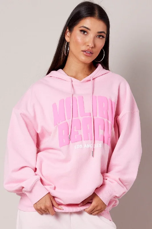 Urban Knit TopsPink Graphic Hoodie Sweater Long Sleeve