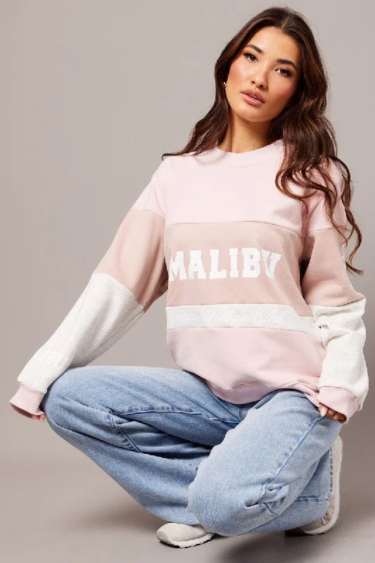 Fitted Knit TopsPink Graphic Sweater Long Sleeve