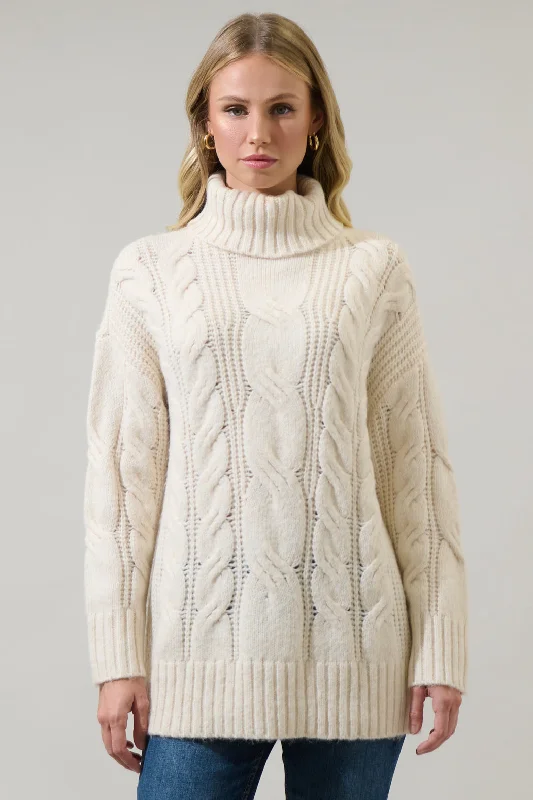 Asymmetrical Knit TopsQuarry Cable Knit Turtleneck Tunic Sweater