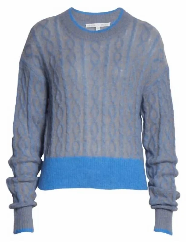 Colorblock Knit TopsRiola Mohair & Alpaca Cable Crewneck Sweater in Blue