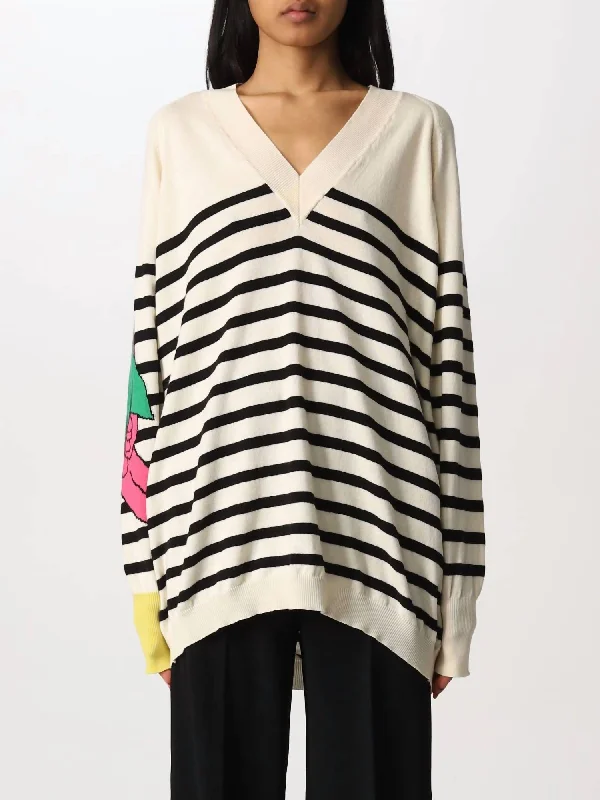 V-Neck Knit TopsSloucher Pullover In Cream/black