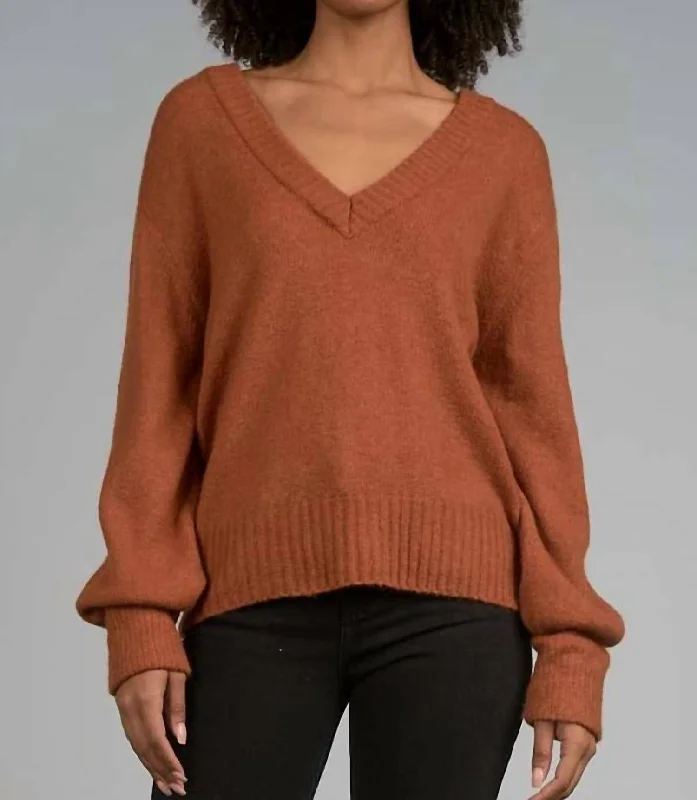 Off-Shoulder Knit TopsSoft V-Neck Pullover Sweater in Copper