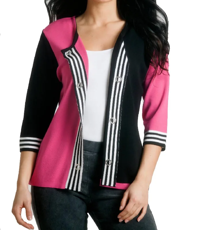 Recycled Fabric Knit TopsStriped Placket Cardigan In Black/fuchsia