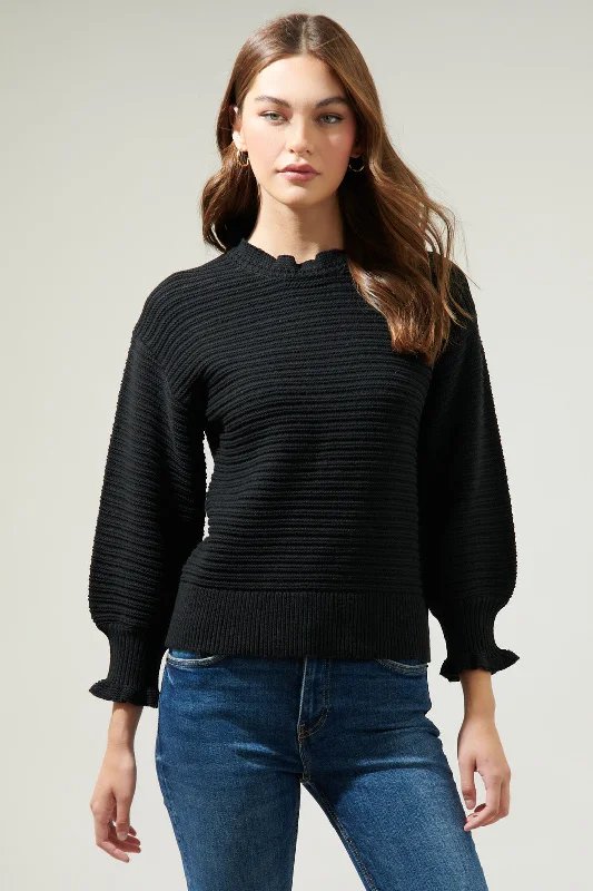 Linen Knit TopsVee Ruffle Neck Ribbed Sweater