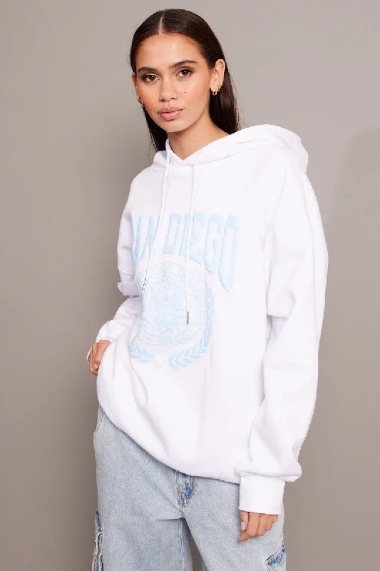 Fleece Knit TopsWhite Graphic Hoodie Sweater Long Sleeve