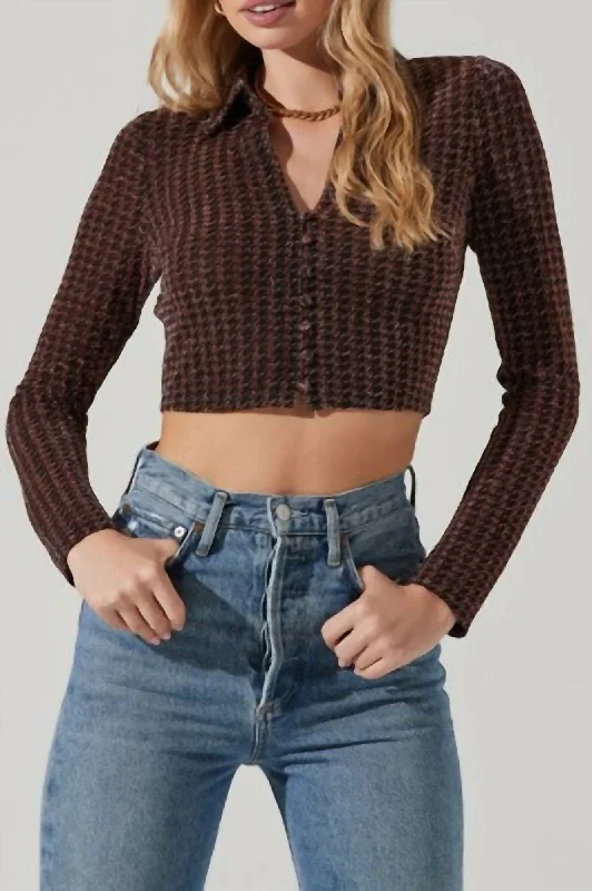 Sheer Knit TopsWinslet Metallic Crop Top in Copper Houndstooth