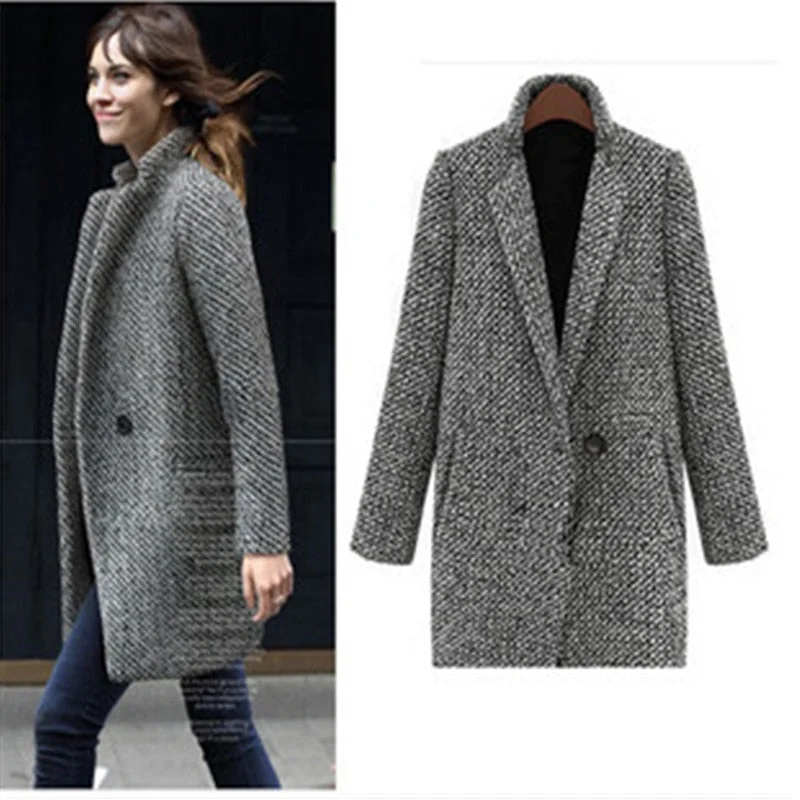 Layered Jackets2017 Winter Coat Women Houndstooth Cotton Blend Coat Single Button Pocket Oversize Long Trench Coat Outerwear Woolen Coat Woman