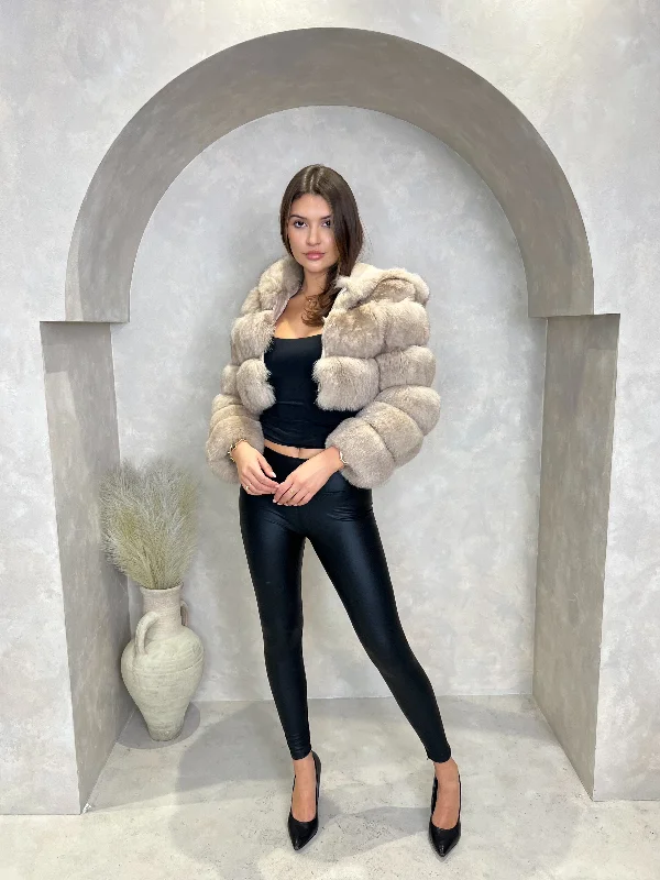 Sequined JacketsDark Beige Luxury Fur Hooded Jacket