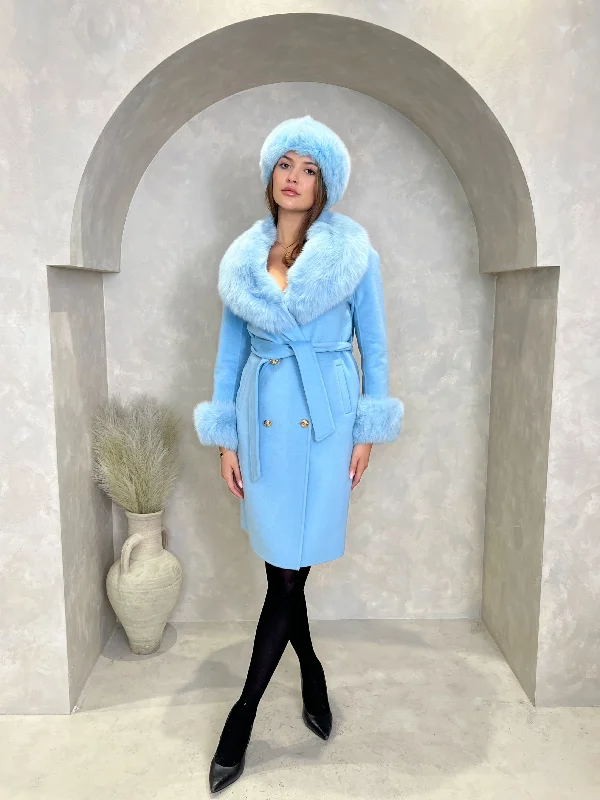 Ribbed Cuff JacketsPastel Blue Luxury Fur Cashmere Coat