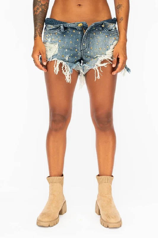 Ruffled JacketsWOMENS RIPPED SHORTS WITH STUDS CRYSTALS