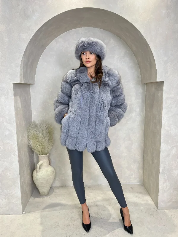 Down JacketsGrey Luxury Fur Mid Length Coat