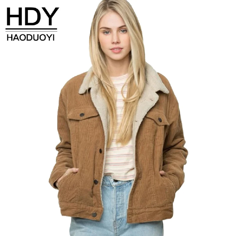 Fishing JacketsHDY Haoduoyi Winter Casual  Brown Corduroy Long Sleeve Turn-down Collar Jacket Single Breasted Basic Women Warm Coat