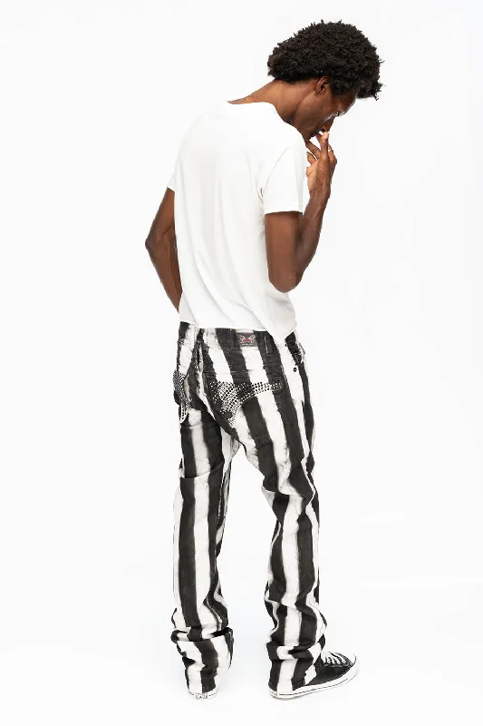 Painted JacketsMENS CLASSIC STRAIGHT LEG LONG FLAP JEANS IN PRISONER BLACK AND WHITE WITH CRYSTALS