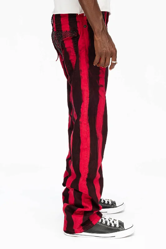 Recycled Fabric JacketsMENS CLASSIC STRAIGHT LEG LONG FLAP JEANS IN PRISONER BLACK AND RED WITH CRYSTALS