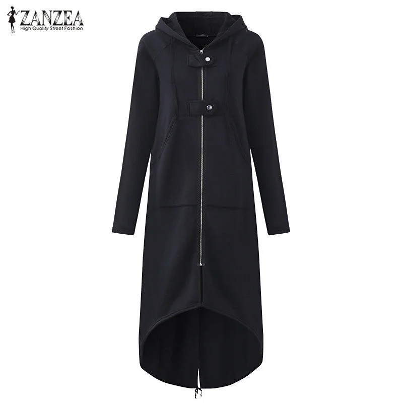 Thermal JacketsZANZEA 2018 Autumn Hooded Long Sleeve Zip Sweatshirt Hoodies Coat Women Solid Long Jacket Irregular Hem Black Outwear Plus Size