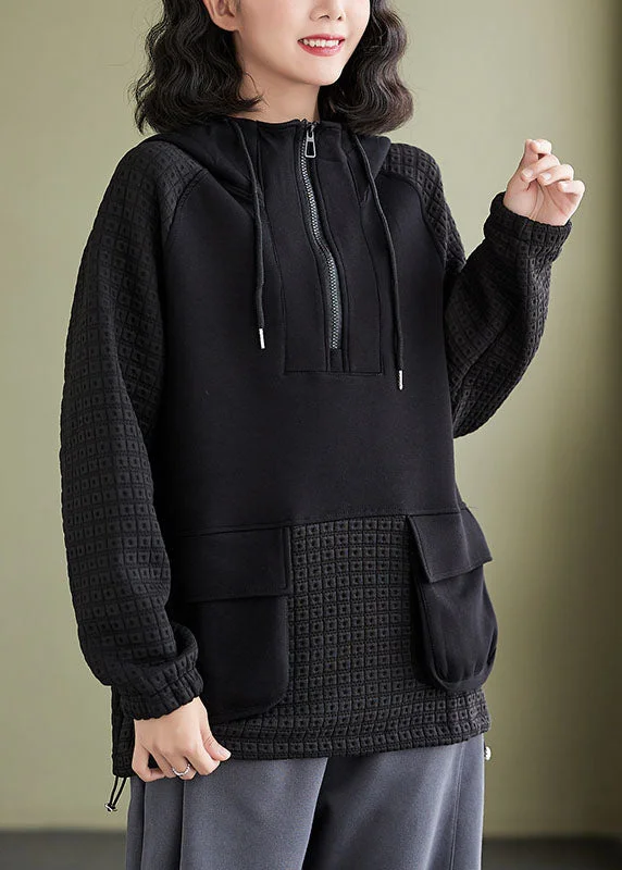 Tasseled SweatshirtsBlack Drawstring Hooded Sweatshirt Long Sleeve