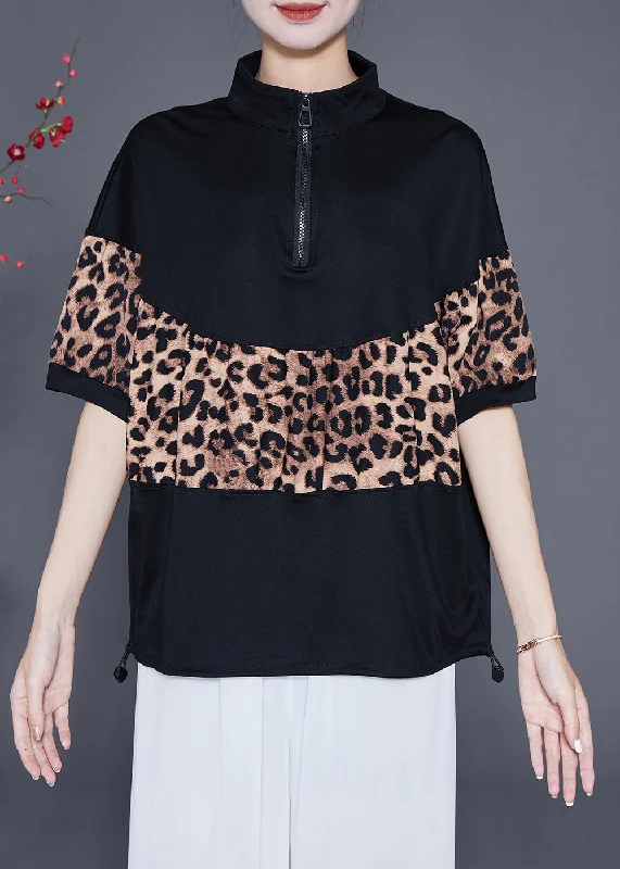 Reflective HoodiesBlack Patchwork Leopard Cotton Sweatshirts Top Drawstring Summer