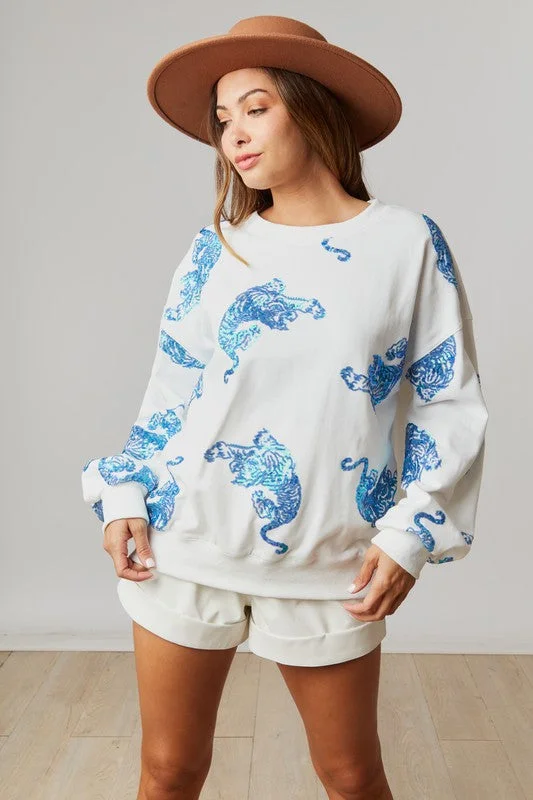 Punk SweatshirtsBlue Tiger  Print White Sweatshirt