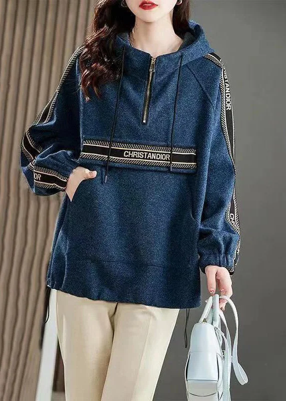 Fleece SweatshirtsBoho Blue Hooded Pockets Patchwork Cotton Sweatshirts Long Sleeve