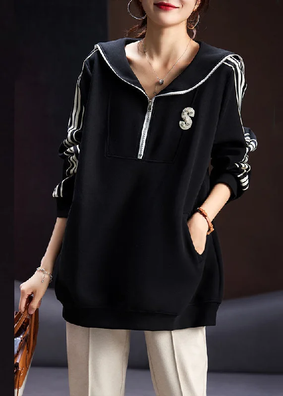 Sherpa-Lined HoodiesBoutique Black Peter Pan Collar Zippered Patchwork Graphic Zircon Sweatshirt Fall