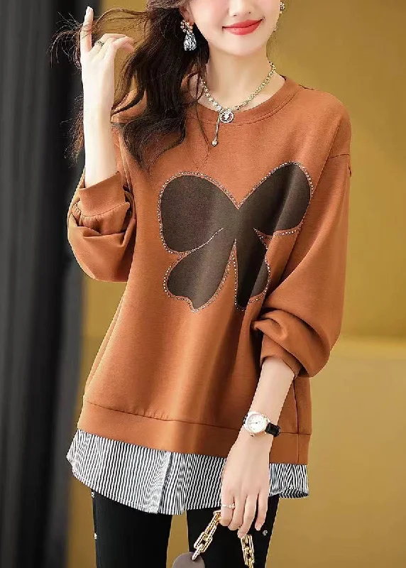 Luxury HoodiesBoutique Orange Striped Patchwork Zircon Fake Two Pieces Sweatshirt Long Sleeve