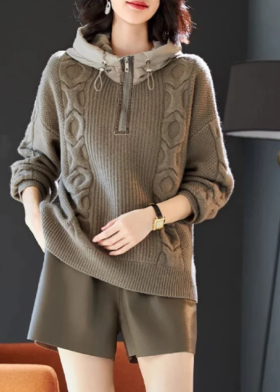 Button-Up SweatshirtsCasual Grey Hooded Patchwork Knit Sweatshirts Top Winter