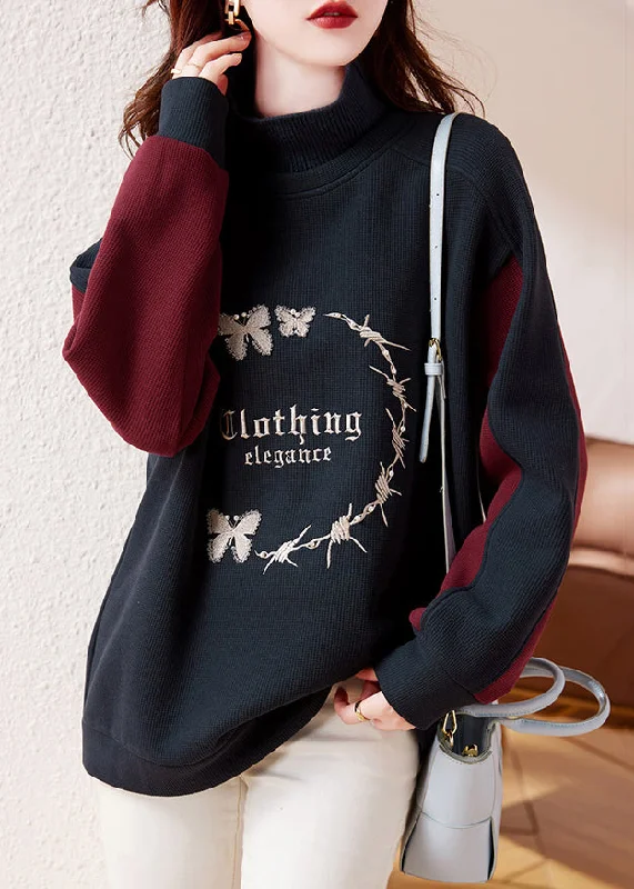 Branded SweatshirtsCasual Navy Embroideried Patchwork Warm Fleece Sweatshirt Streetwear Winter