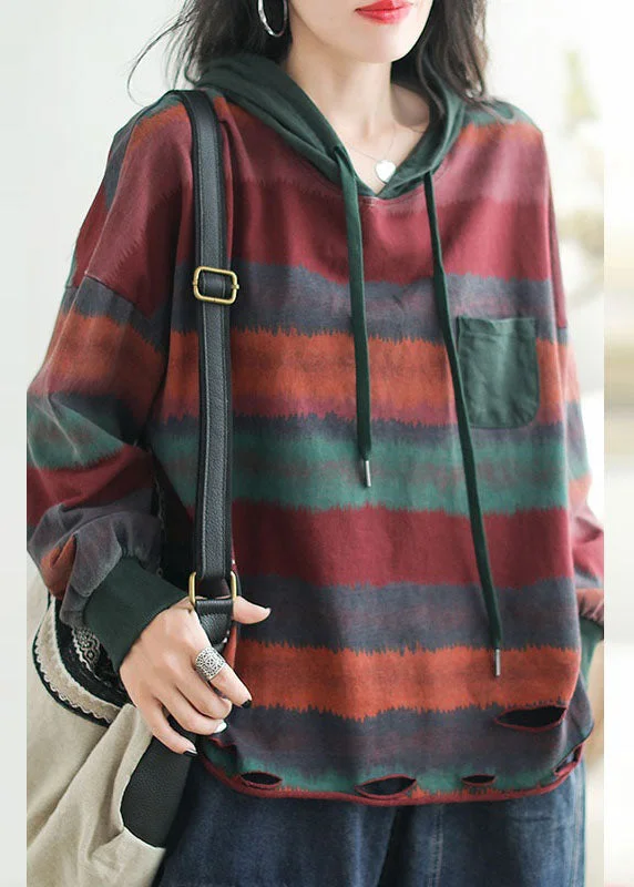 Metallic HoodiesCasual Red Drawstring Striped Hole Hooded Sweatshirt Long Sleeve