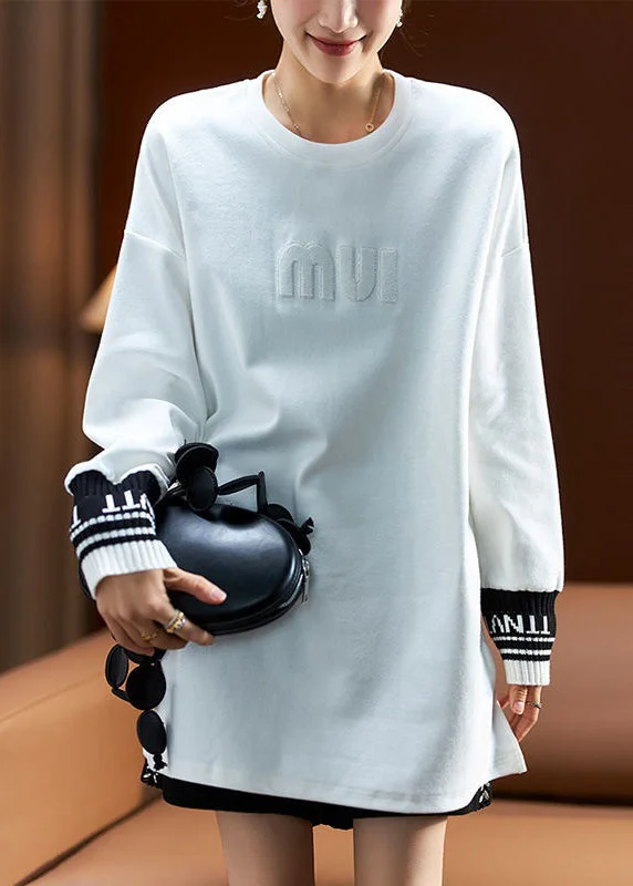 Sheer HoodiesCasual White Letter Side Open Cotton Sweatshirt Spring