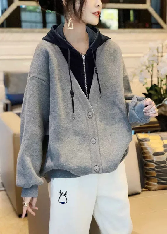 Printed SweatshirtsClassy Grey Patchwork Zippered Drawstring Sweatshirts Fall